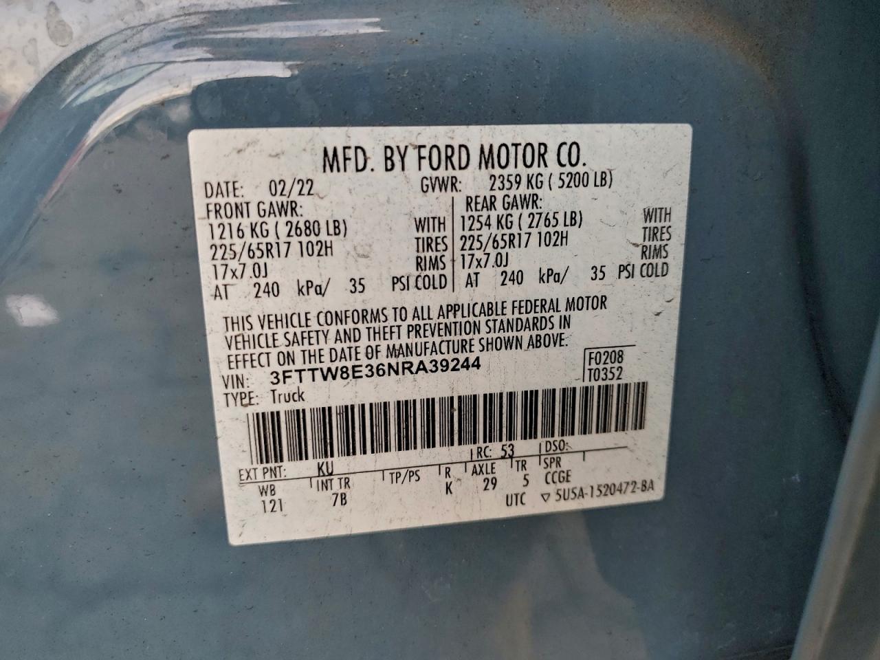 2022 Ford Maverick Xl VIN: 3FTTW8E36NRA39244 Lot: 93479005