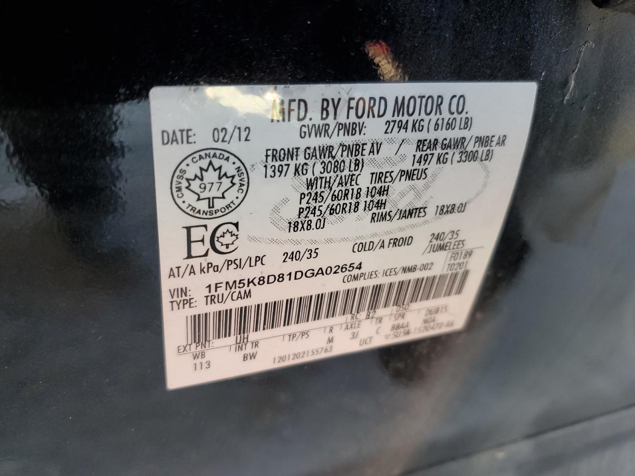 2013 Ford Explorer Xlt VIN: 1FM5K8D81DGA02654 Lot: 91307915