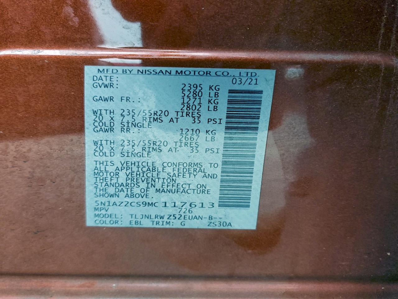 2021 Nissan Murano Sl VIN: 5N1AZ2CS9MC117613 Lot: 93855315