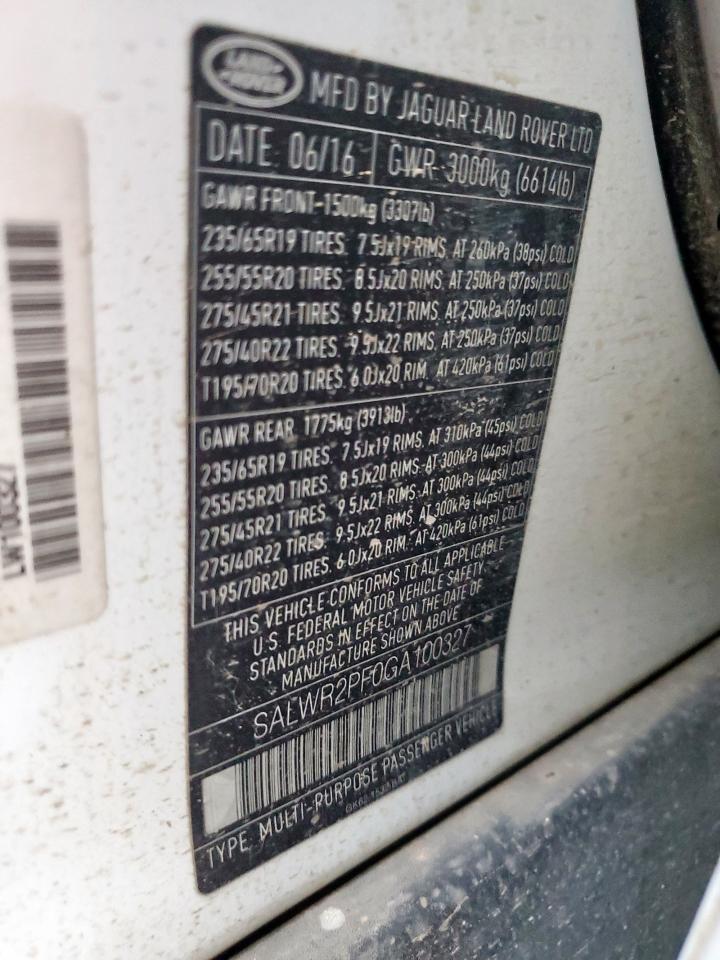 2016 Land Rover Range Rover Sport Hse VIN: SALWR2PF0GA100327 Lot: 92607175