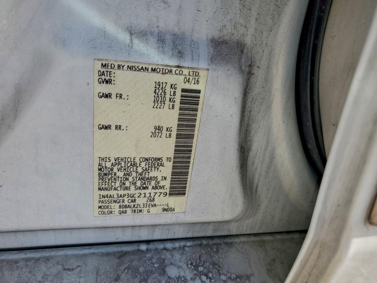 2016 Nissan Altima 2.5 VIN: 1N4AL3AP3GC211779 Lot: 93395325