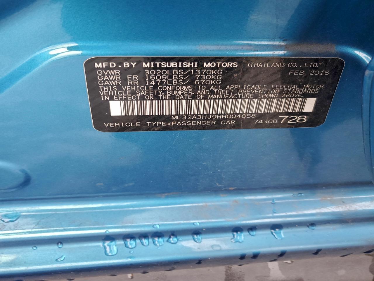 2017 Mitsubishi Mirage Es VIN: ML32A3HJ9HH004858 Lot: 94526995