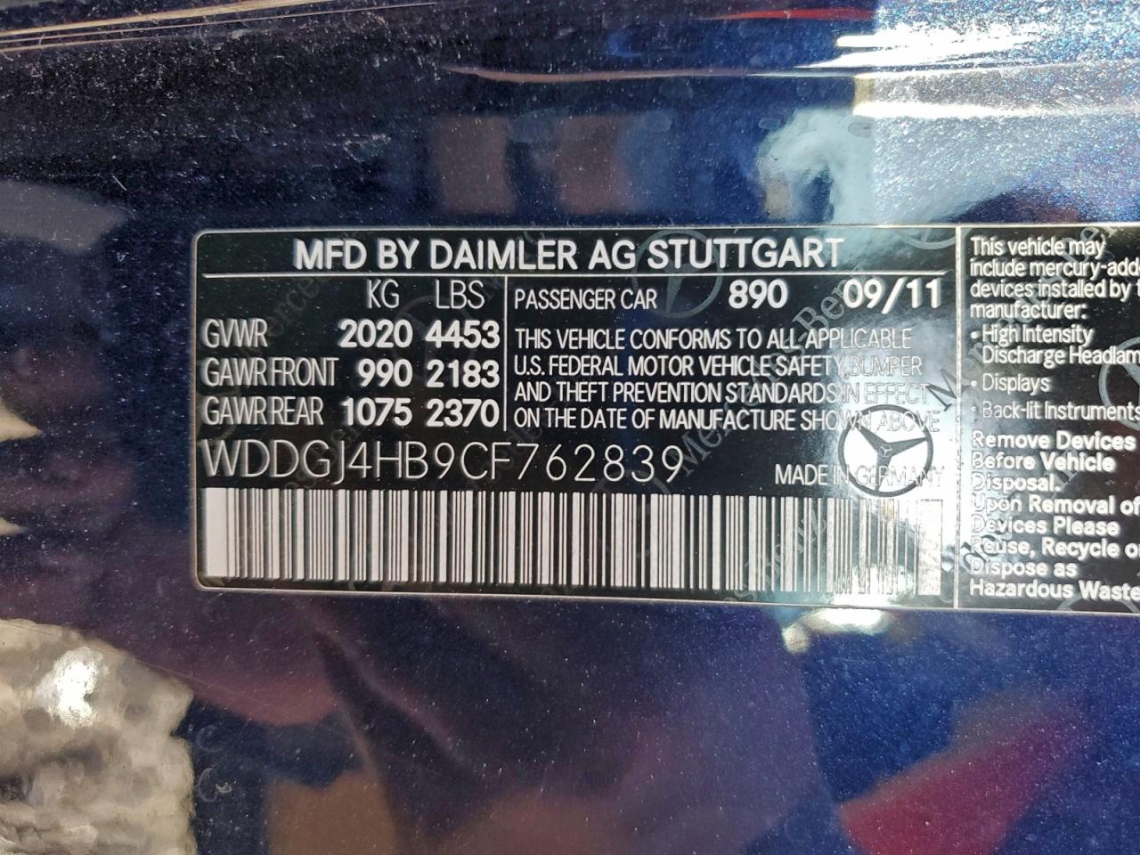 2012 Mercedes-Benz C 250 VIN: WDDGJ4HB9CF762839 Lot: 94420515