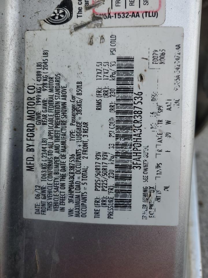 2012 Ford Fusion Se VIN: 3FAHP0HA3CR387536 Lot: 90092855