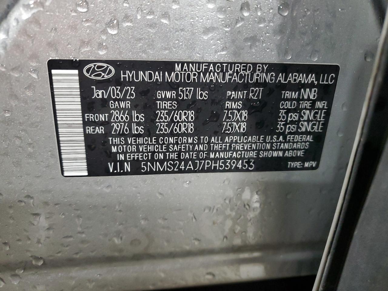 2023 Hyundai Santa Fe Sel VIN: 5NMS24AJ7PH539453 Lot: 92948485