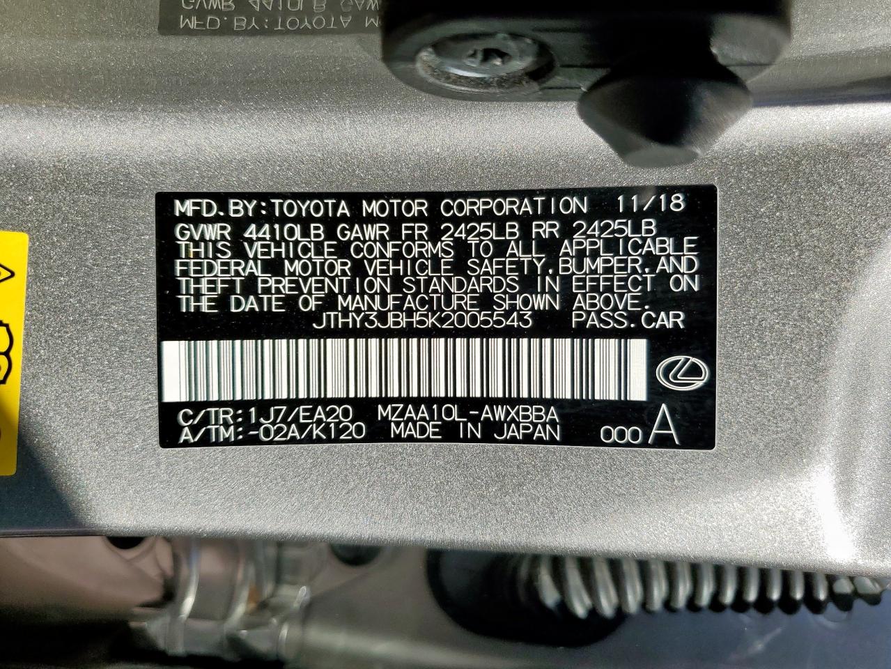 2019 Lexus Ux 200 VIN: JTHY3JBH5K2005543 Lot: 92059665