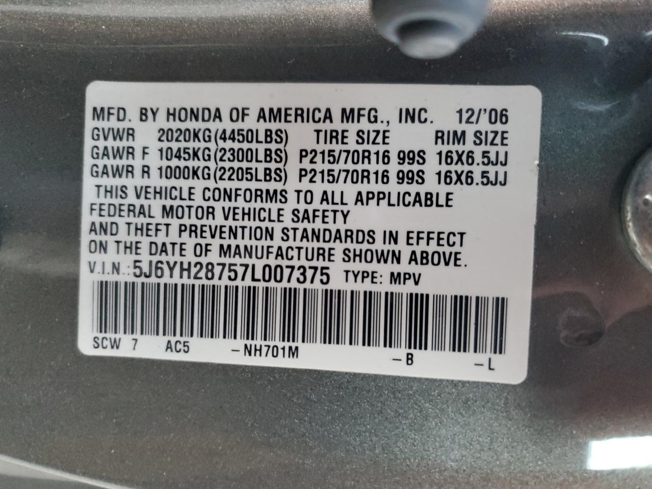 2007 Honda Element Ex VIN: 5J6YH28757L007375 Lot: 91051695