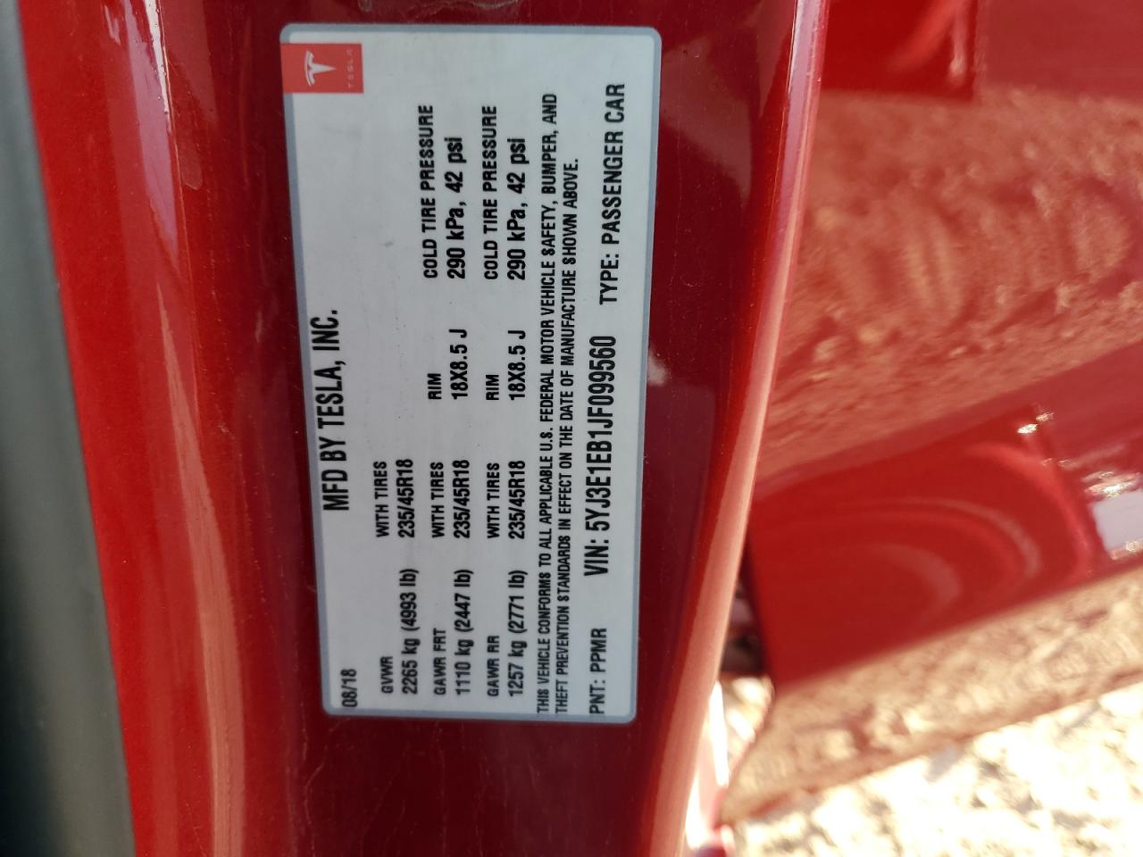 2018 Tesla Model 3 VIN: 5YJ3E1EB1JF099560 Lot: 93130215