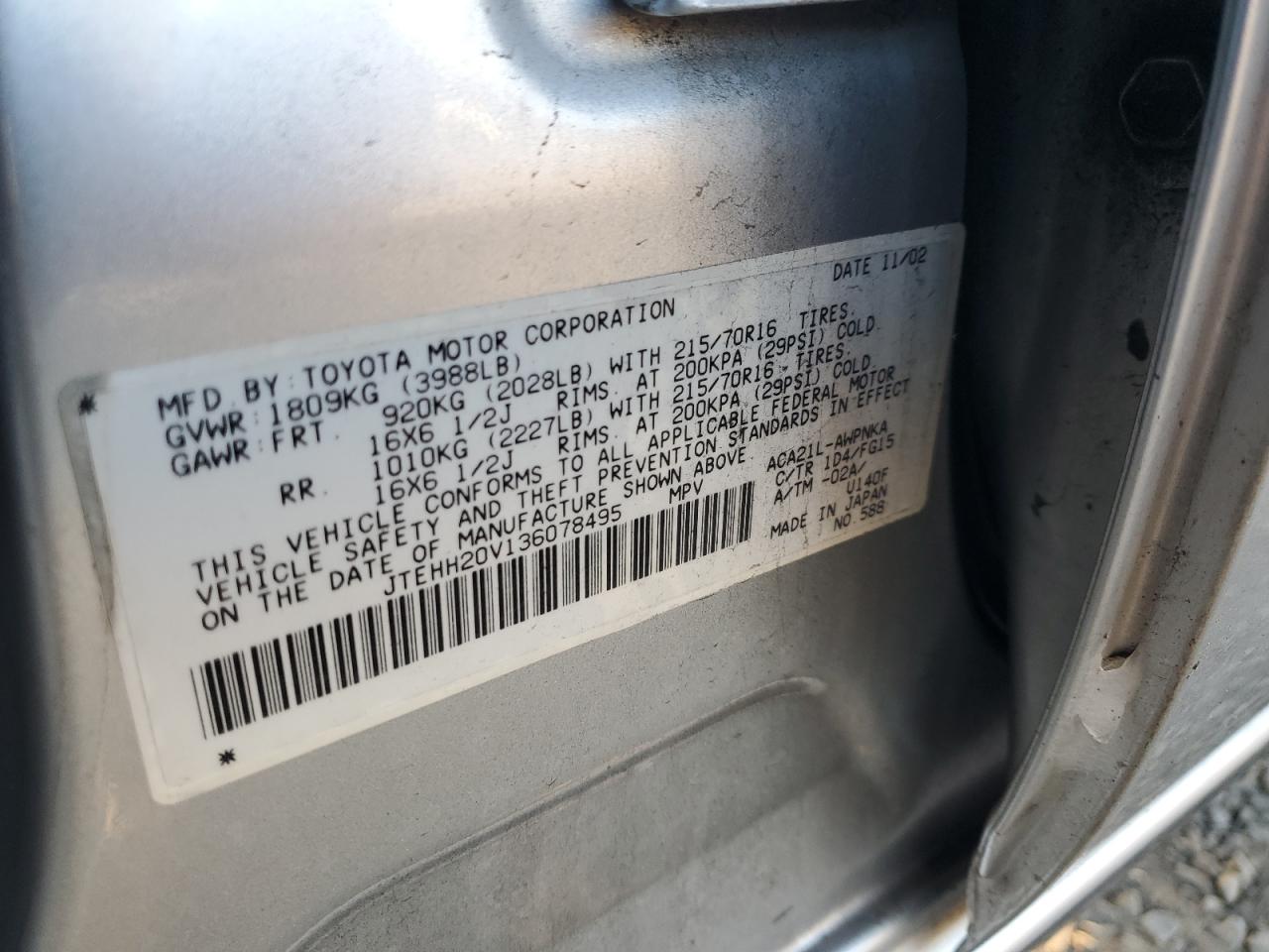 2003 Toyota Rav4 VIN: JTEHH20V136078495 Lot: 91277895