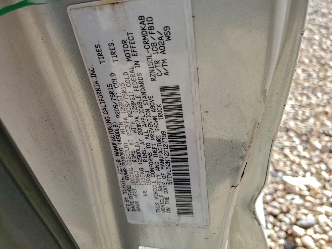 2002 Toyota Tacoma Xtracab VIN: 5TEVL52N72Z127799 Lot: 94331425