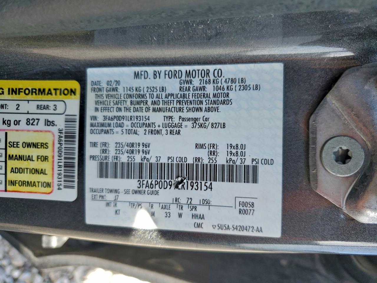 2020 Ford Fusion Titanium VIN: 3FA6P0D91LR193154 Lot: 93988535