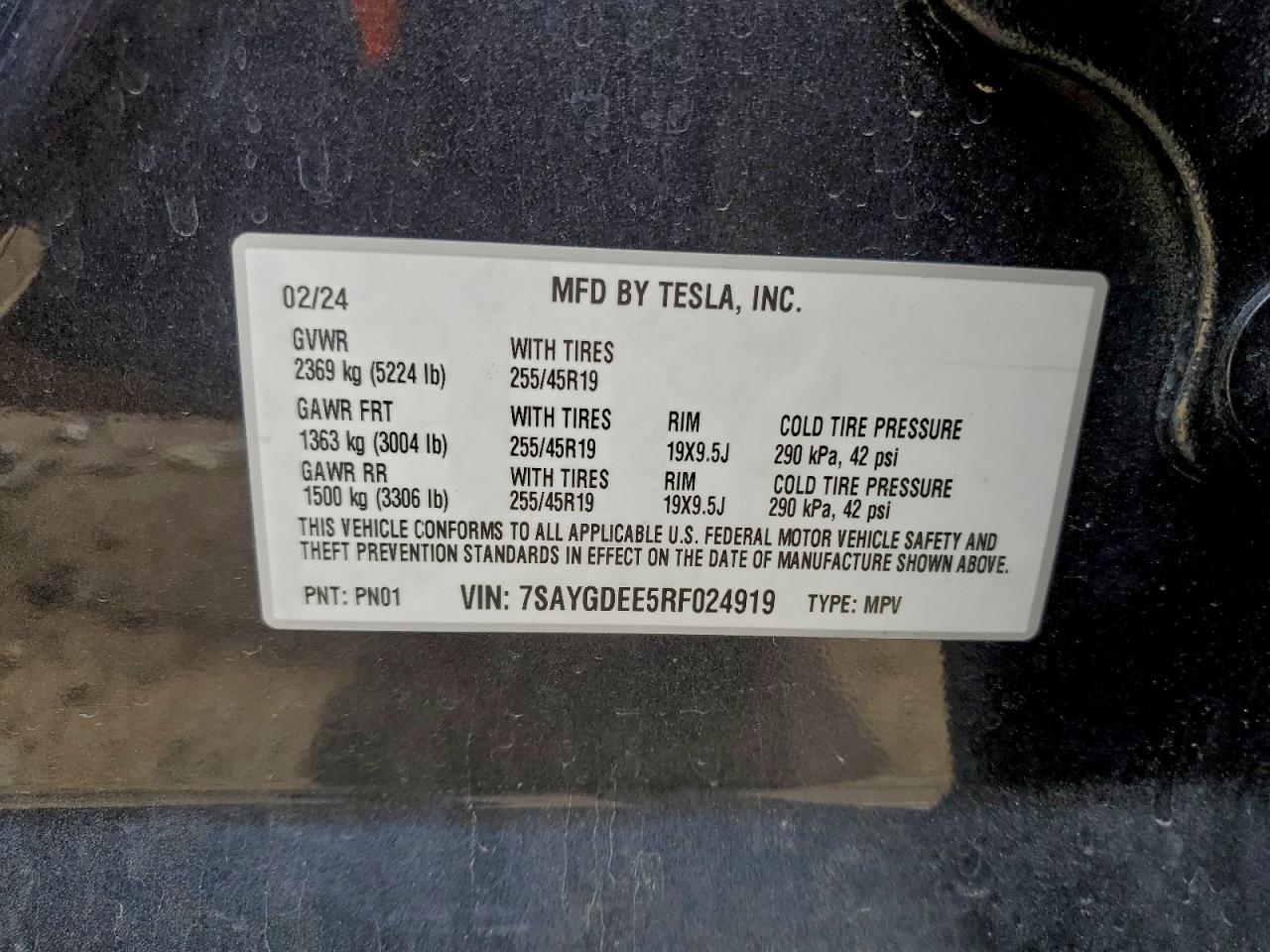 2024 Tesla Model Y VIN: 7SAYGDEE5RF024919 Lot: 93491305