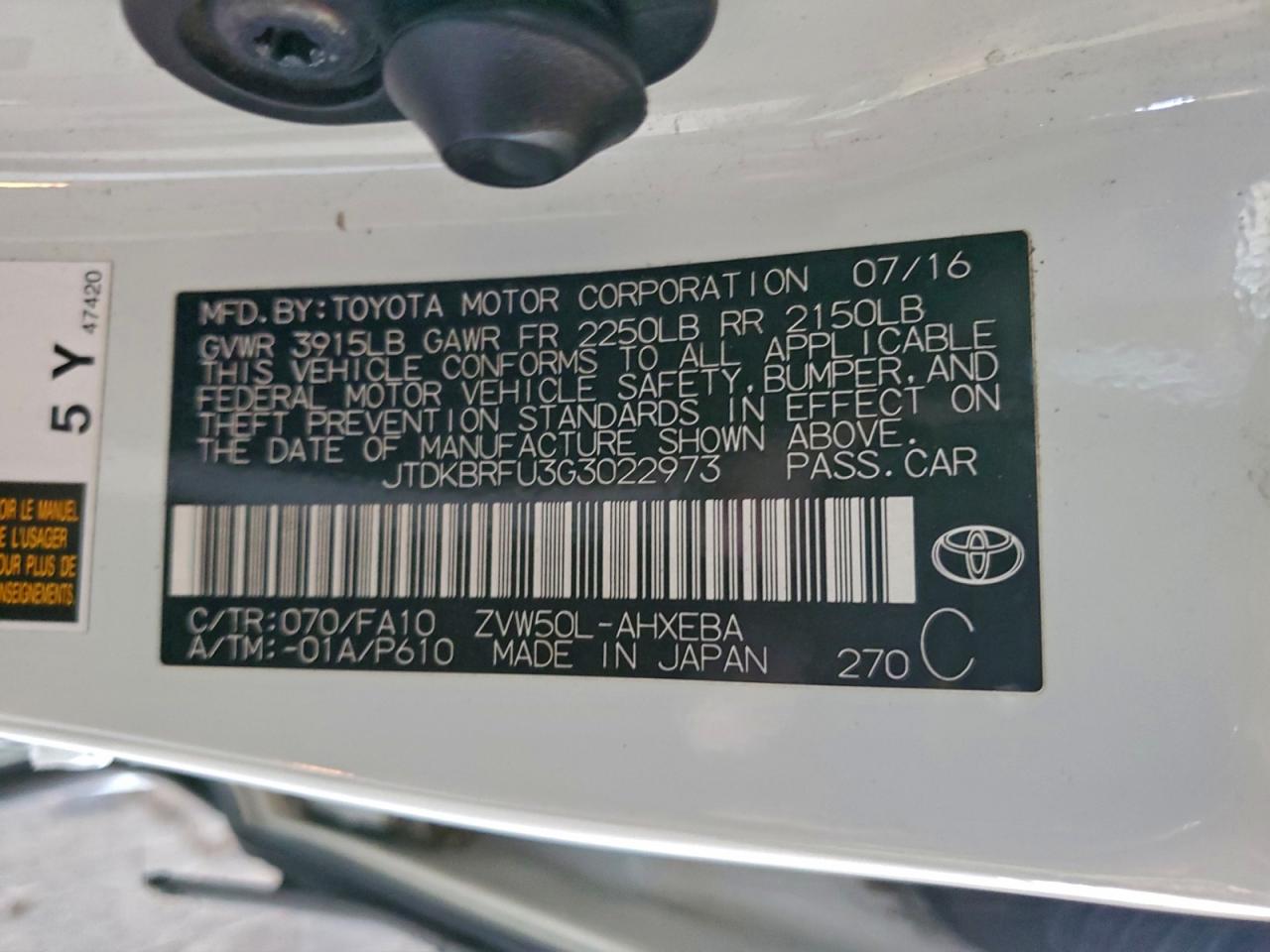 2016 Toyota Prius VIN: JTDKBRFU3G3022973 Lot: 93958235