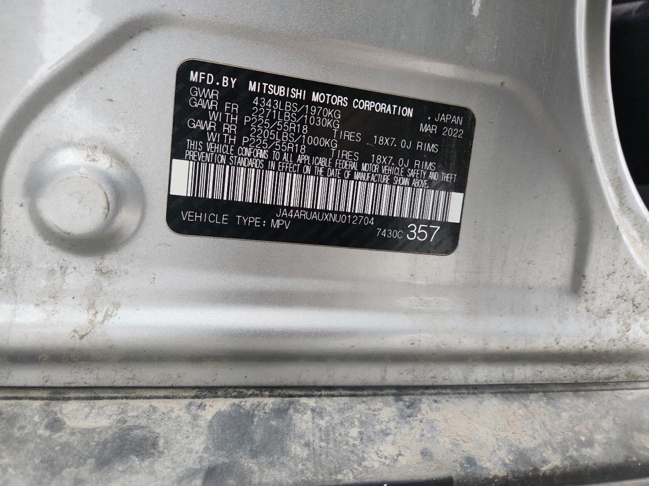 2022 Mitsubishi Outlander Sport Es VIN: JA4ARUAUXNU012704 Lot: 90486365