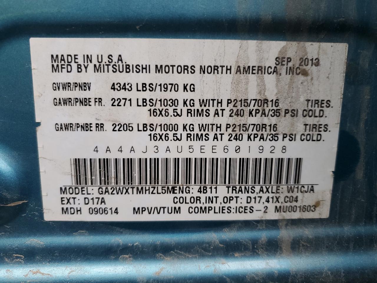 2014 Mitsubishi Rvr Se VIN: 4A4AJ3AU5EE601928 Lot: 92883275