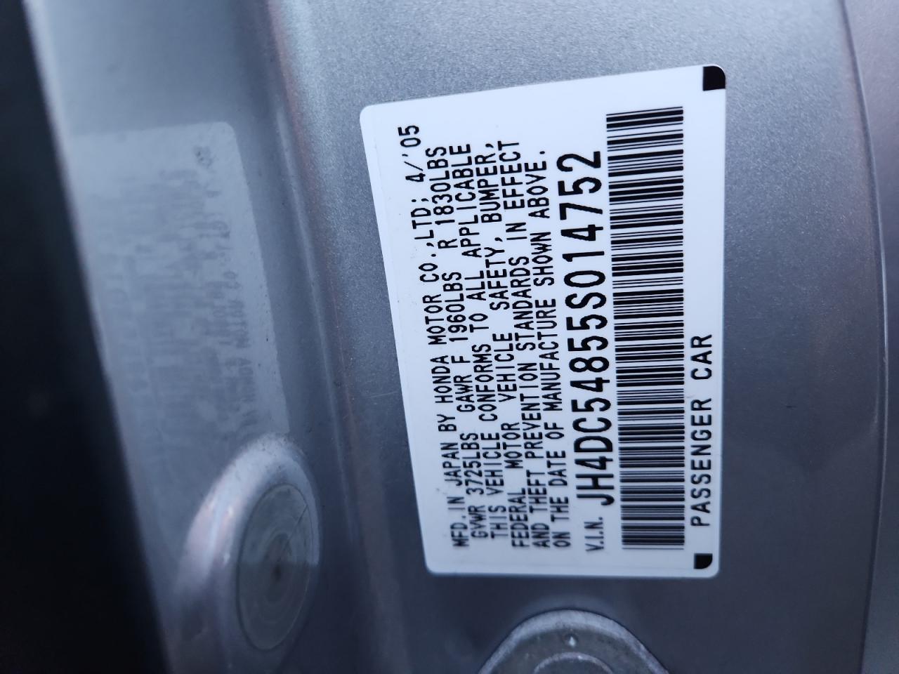 2005 Acura Rsx VIN: JH4DC54855S014752 Lot: 92763565