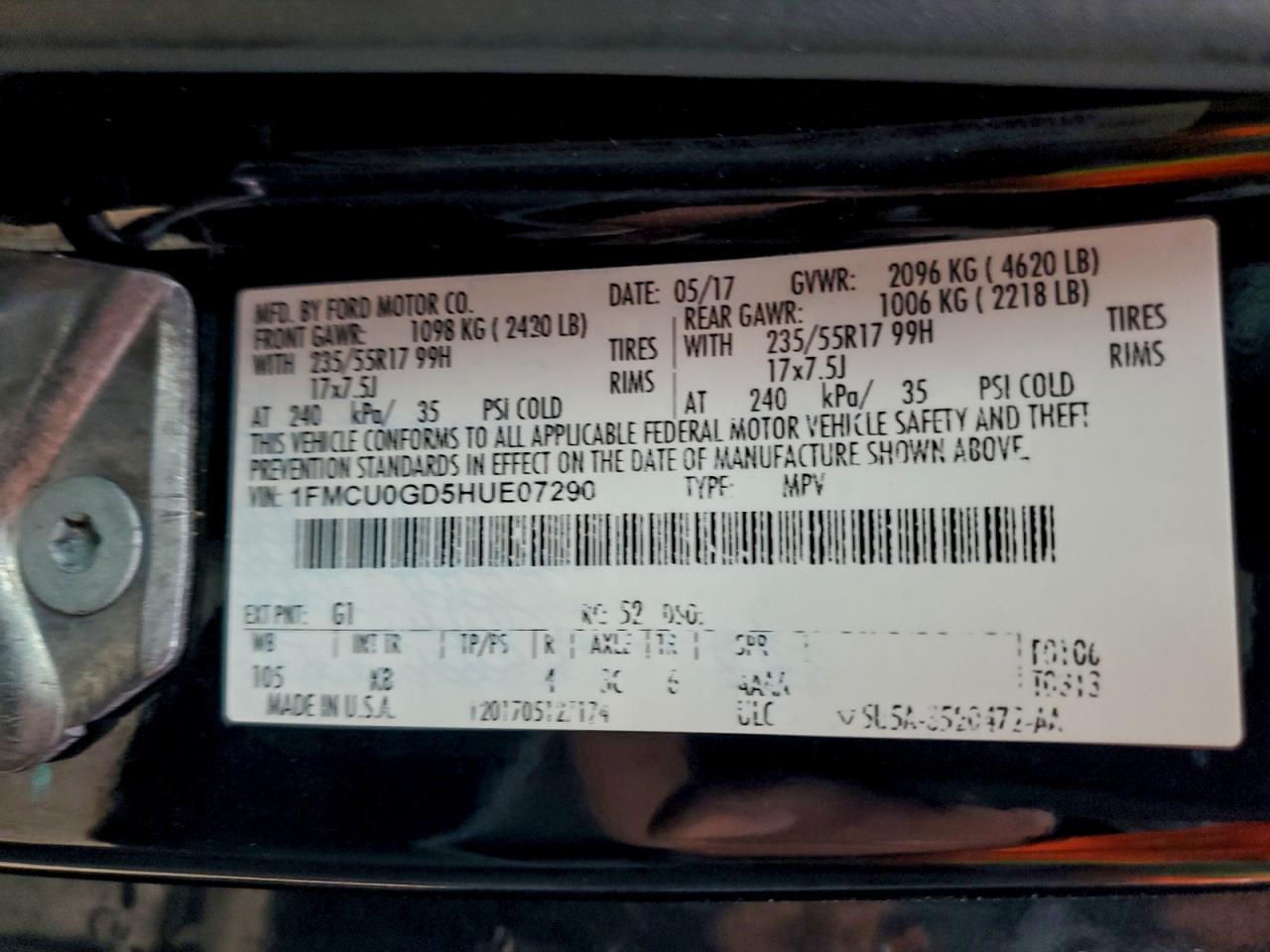 2017 Ford Escape Se VIN: 1FMCU0GD5HUE07290 Lot: 94129685