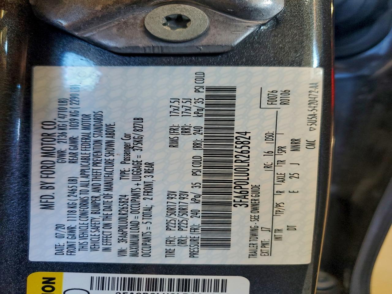 2020 Ford Fusion Se VIN: 3FA6P0LU0LR265824 Lot: 94082915