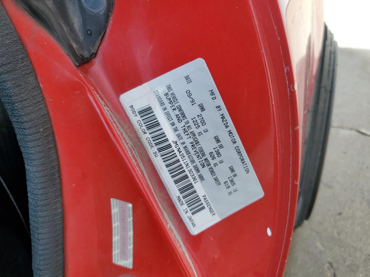 1992 Mazda Mx-5 Miata VIN: JM1NA3511N1303361 Lot: 91846965