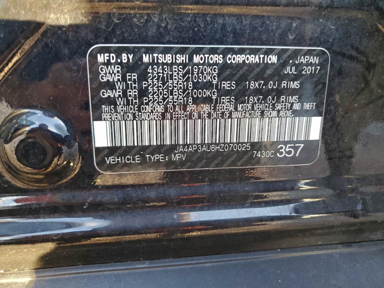 2017 Mitsubishi Outlander Sport Es VIN: JA4AP3AU6HZ070025 Lot: 94175905