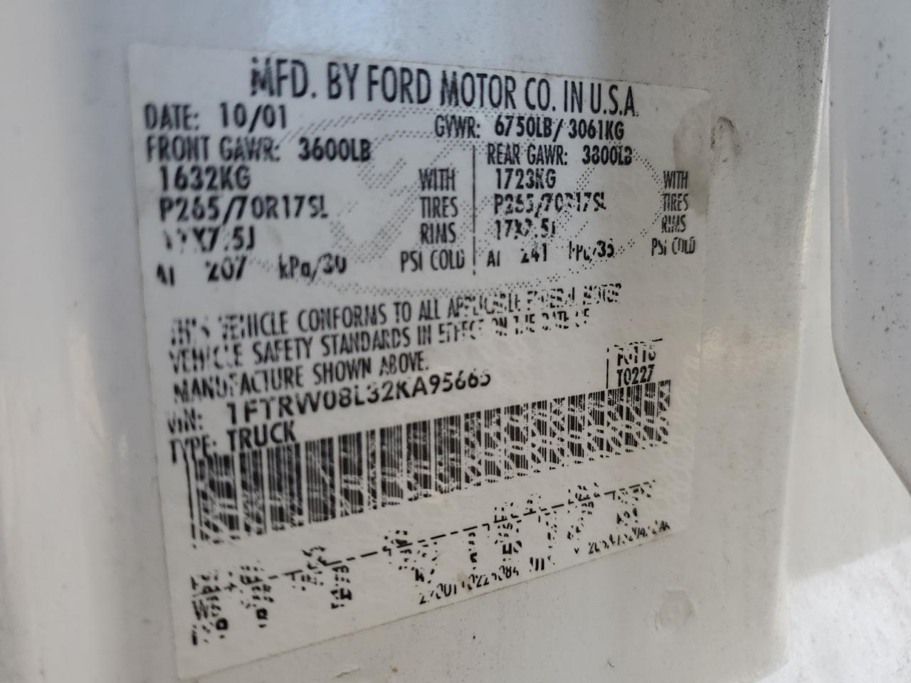 2002 Ford F150 Supercrew VIN: 1FTRW08L32KA95665 Lot: 92563245