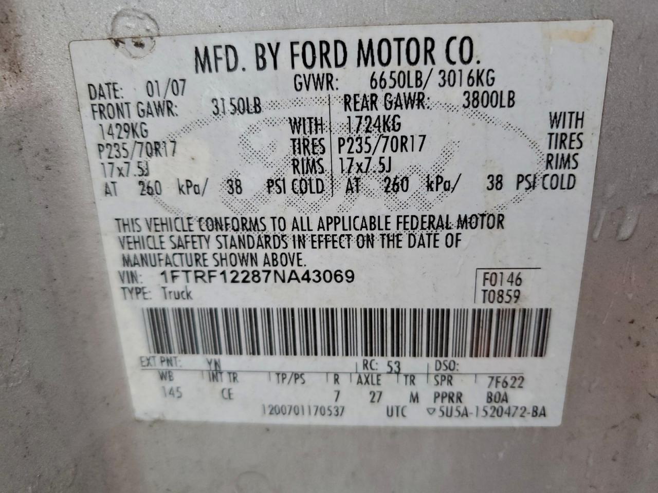 2007 Ford F150 VIN: 1FTRF12287NA43069 Lot: 93876385