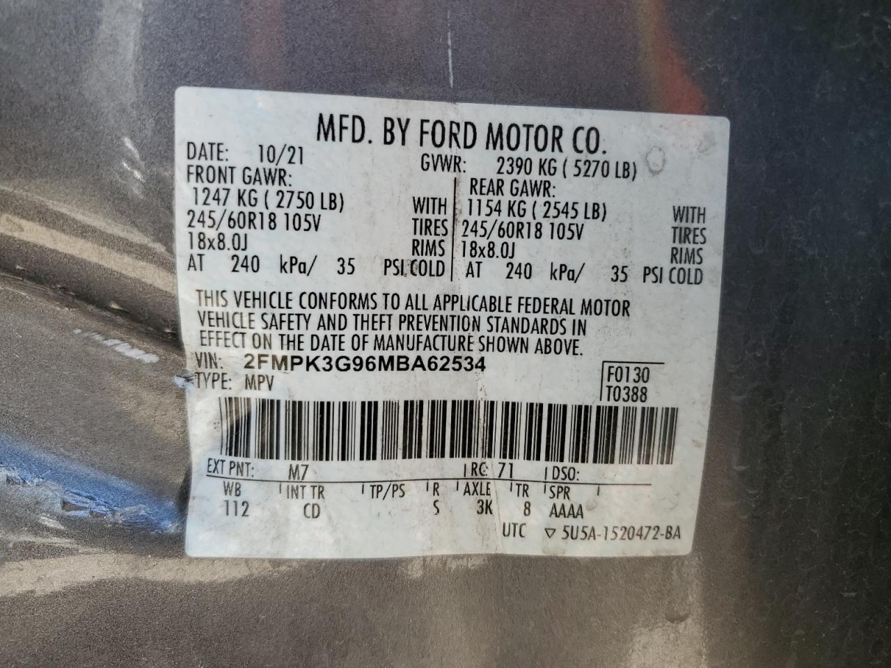 2021 Ford Edge Se VIN: 2FMPK3G96MBA62534 Lot: 91838005