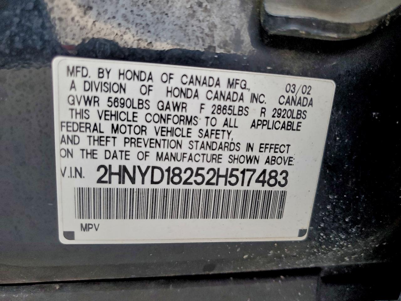 2002 Acura Mdx VIN: 2HNYD18252H517483 Lot: 92275395