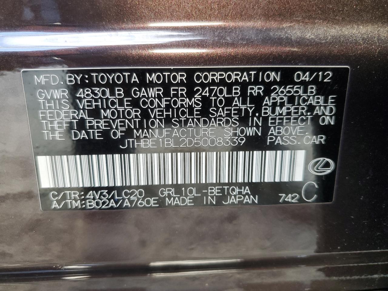 2013 Lexus Gs 350 VIN: JTHBE1BL2D5008339 Lot: 93567495