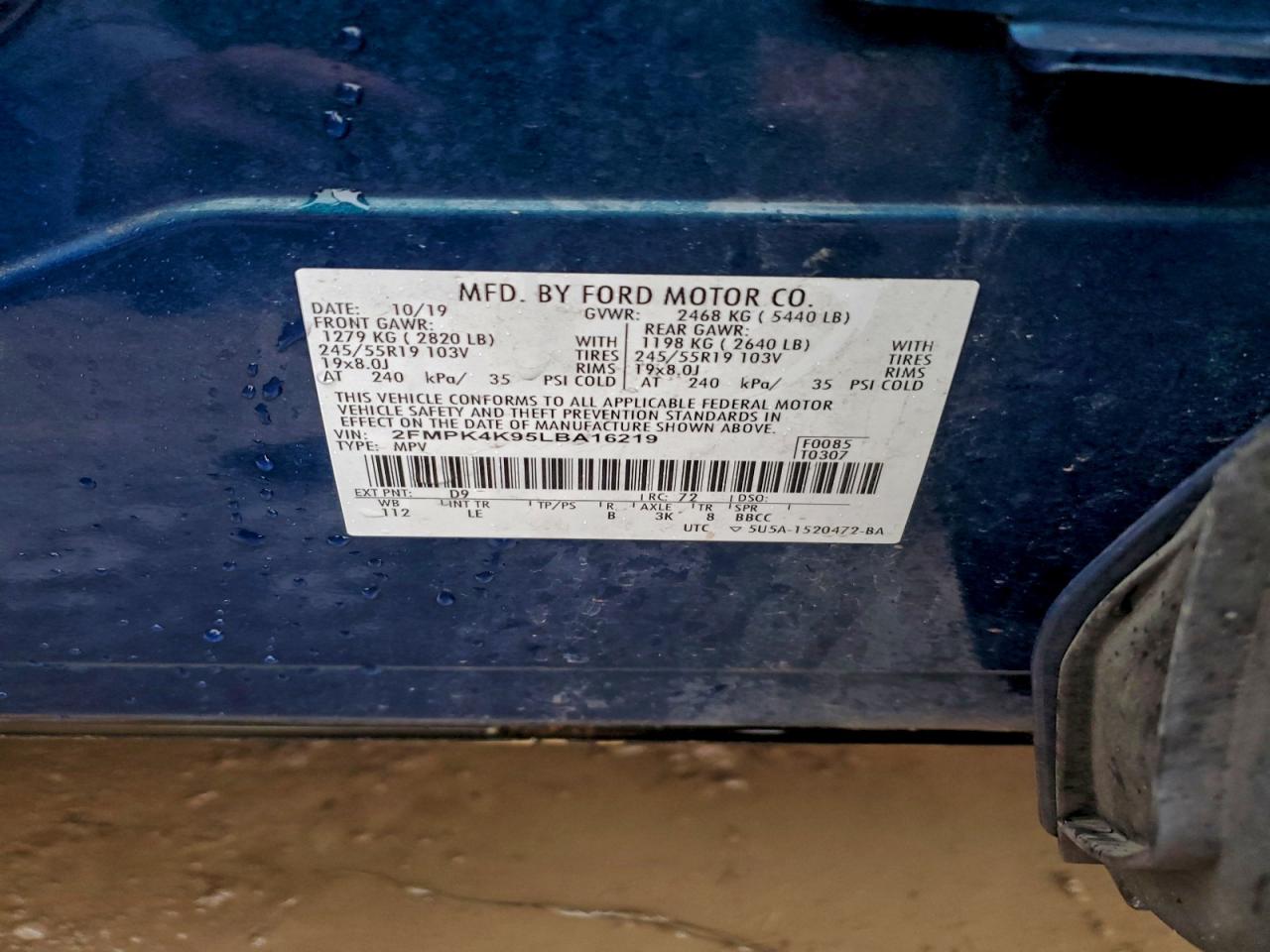 2020 Ford Edge Titanium VIN: 2FMPK4K95LBA16219 Lot: 93409845