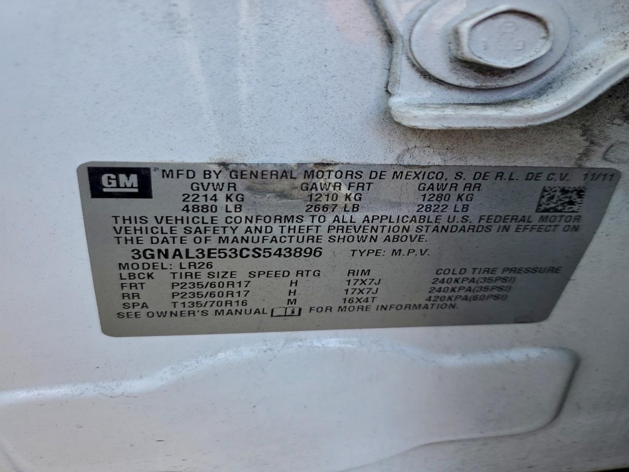 2012 Chevrolet Captiva Sport VIN: 3GNAL3E53CS543896 Lot: 94141715