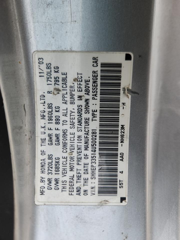 2004 Honda Civic Si VIN: SHHEP33514U500281 Lot: 92621355