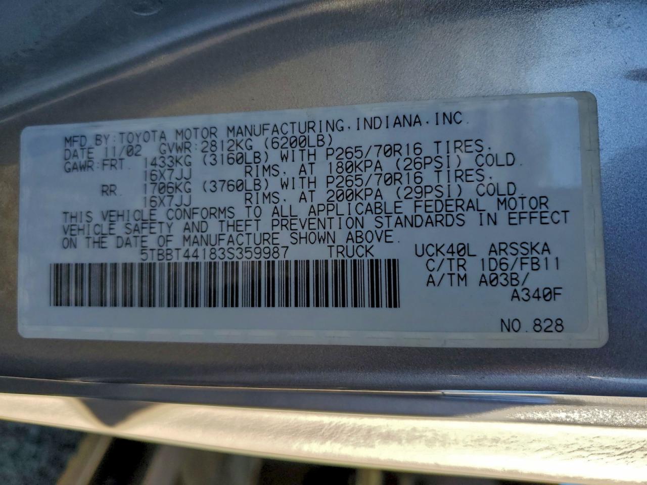 2003 Toyota Tundra Access Cab Sr5 VIN: 5TBBT44183S359987 Lot: 93669435