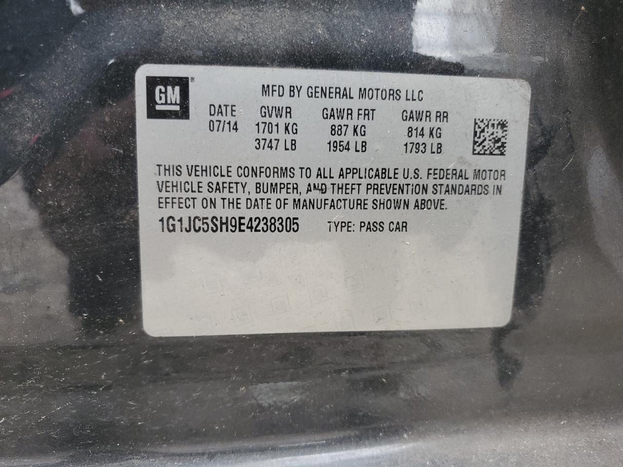 2014 Chevrolet Sonic Lt VIN: 1G1JC5SH9E4238305 Lot: 92977255