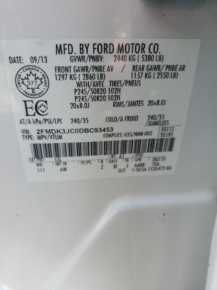 2013 Ford Edge Sel VIN: 2FMDK3JC0DBC93453 Lot: 91198935