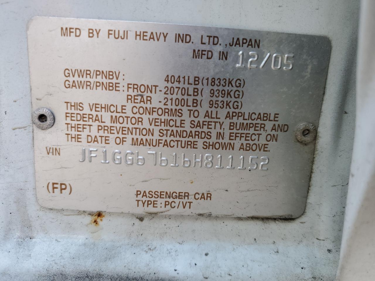 2006 Subaru Impreza 2.5I Sports Wagon VIN: JF1GG67616H811152 Lot: 87268275