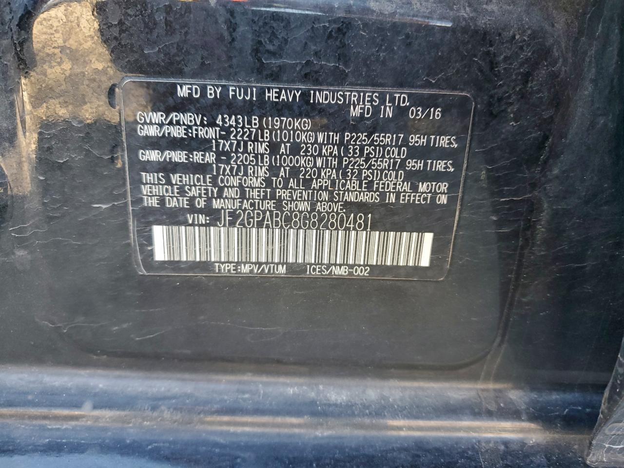 2016 Subaru Crosstrek Premium VIN: JF2GPABC8G8280481 Lot: 94000225