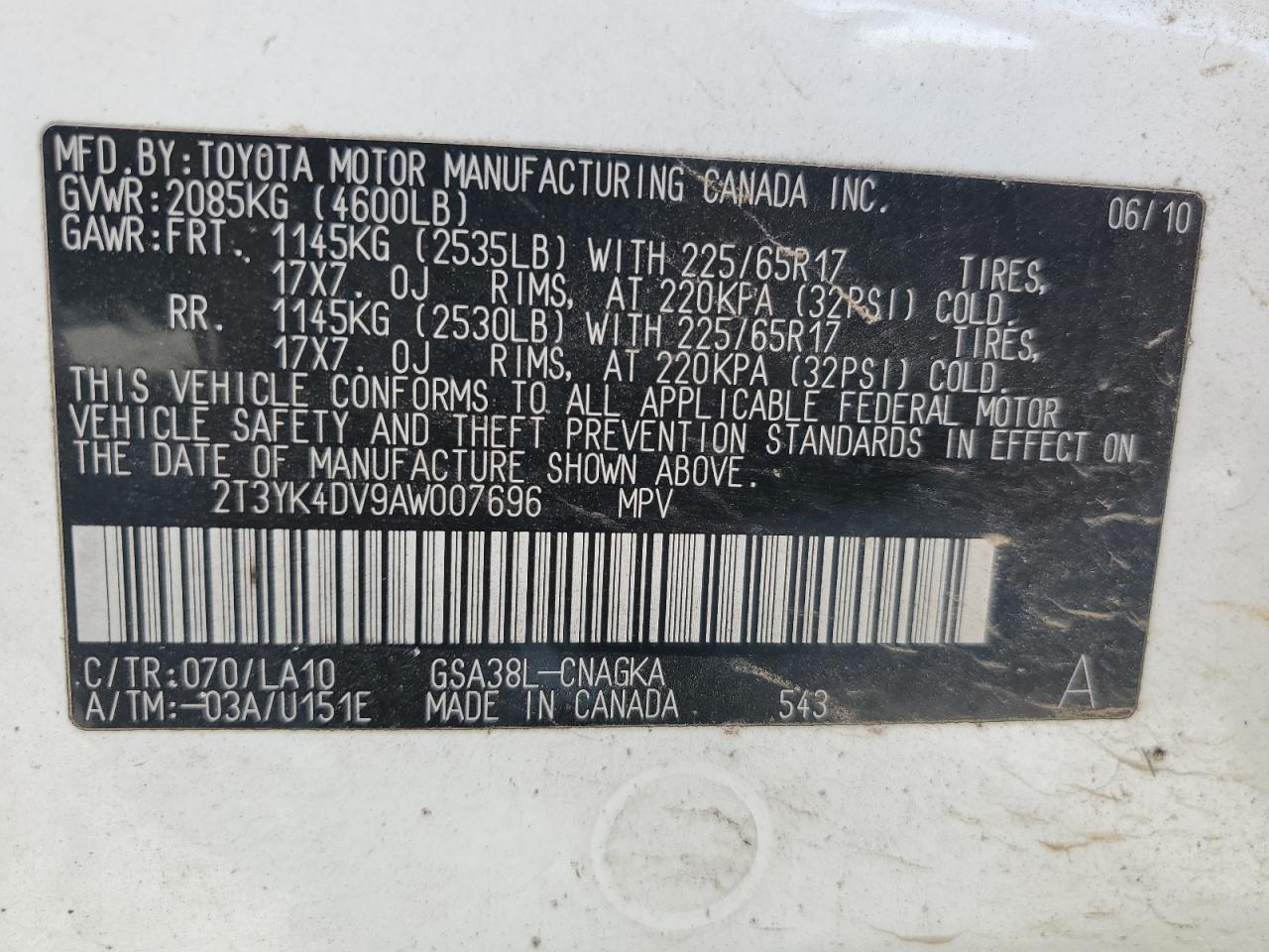 2010 Toyota Rav4 Limited VIN: 2T3YK4DV9AW007696 Lot: 90650475