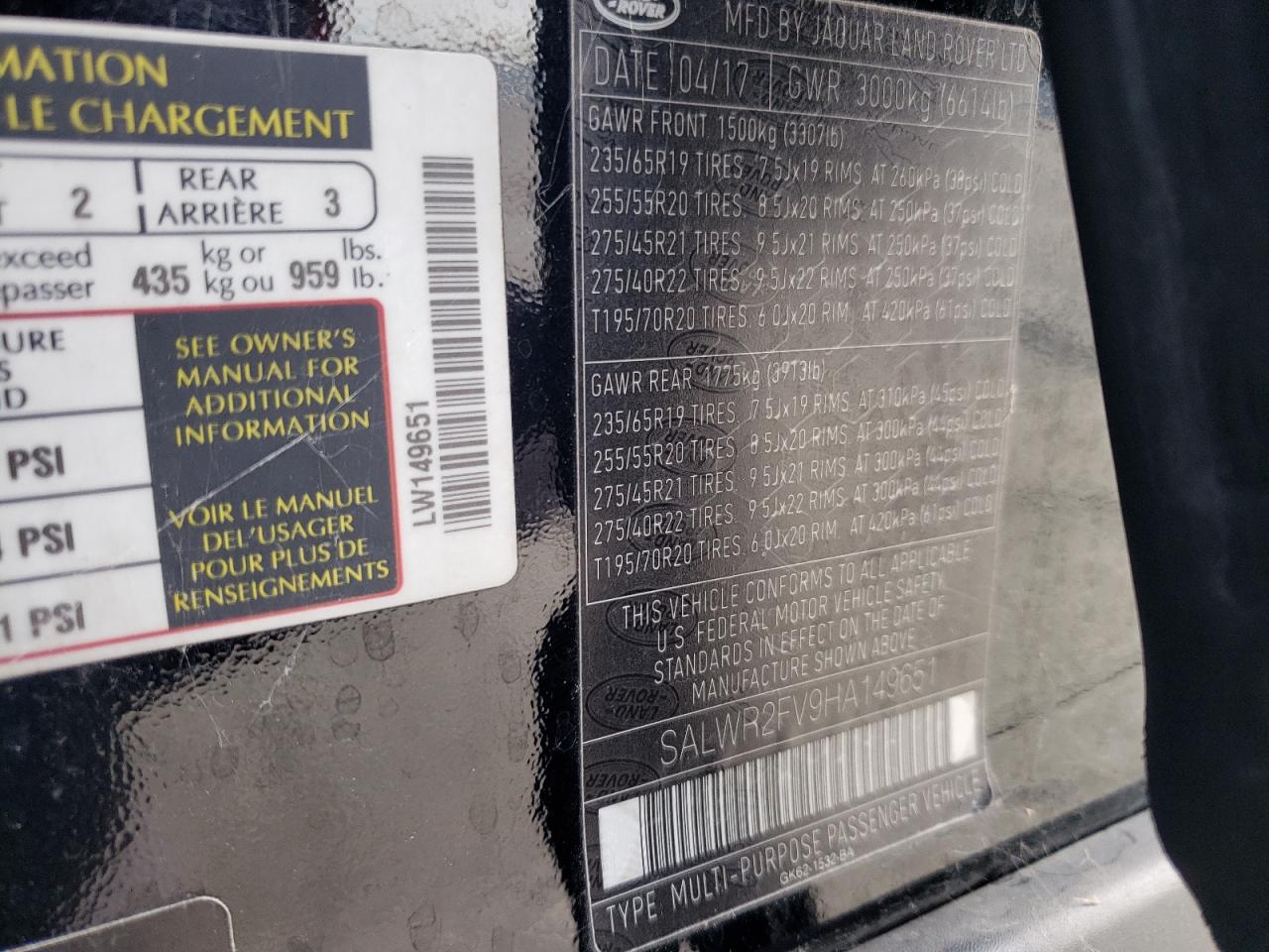 2017 Land Rover Range Rover Sport Hse VIN: SALWR2FV9HA149651 Lot: 92029565