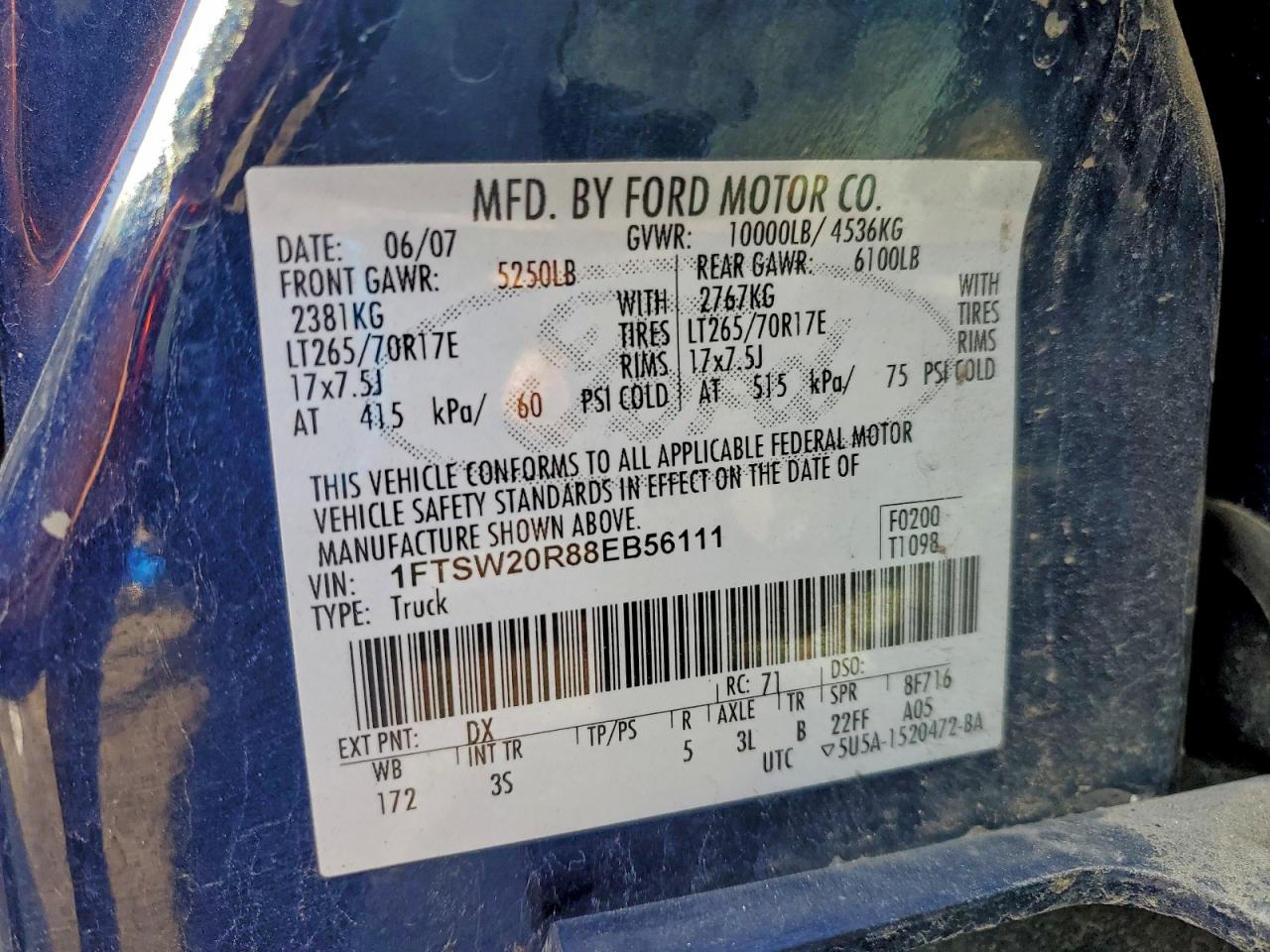 2008 Ford F250 Super Duty VIN: 1FTSW20R88EB56111 Lot: 94254025