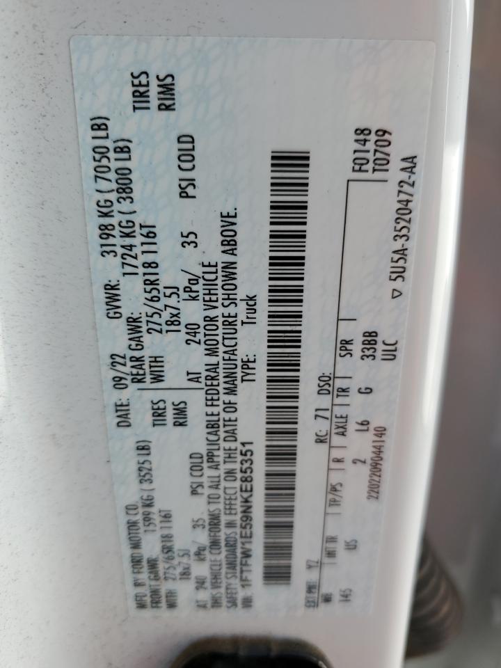 2022 Ford F150 Supercrew VIN: 1FTFW1E59NKE85351 Lot: 92906225