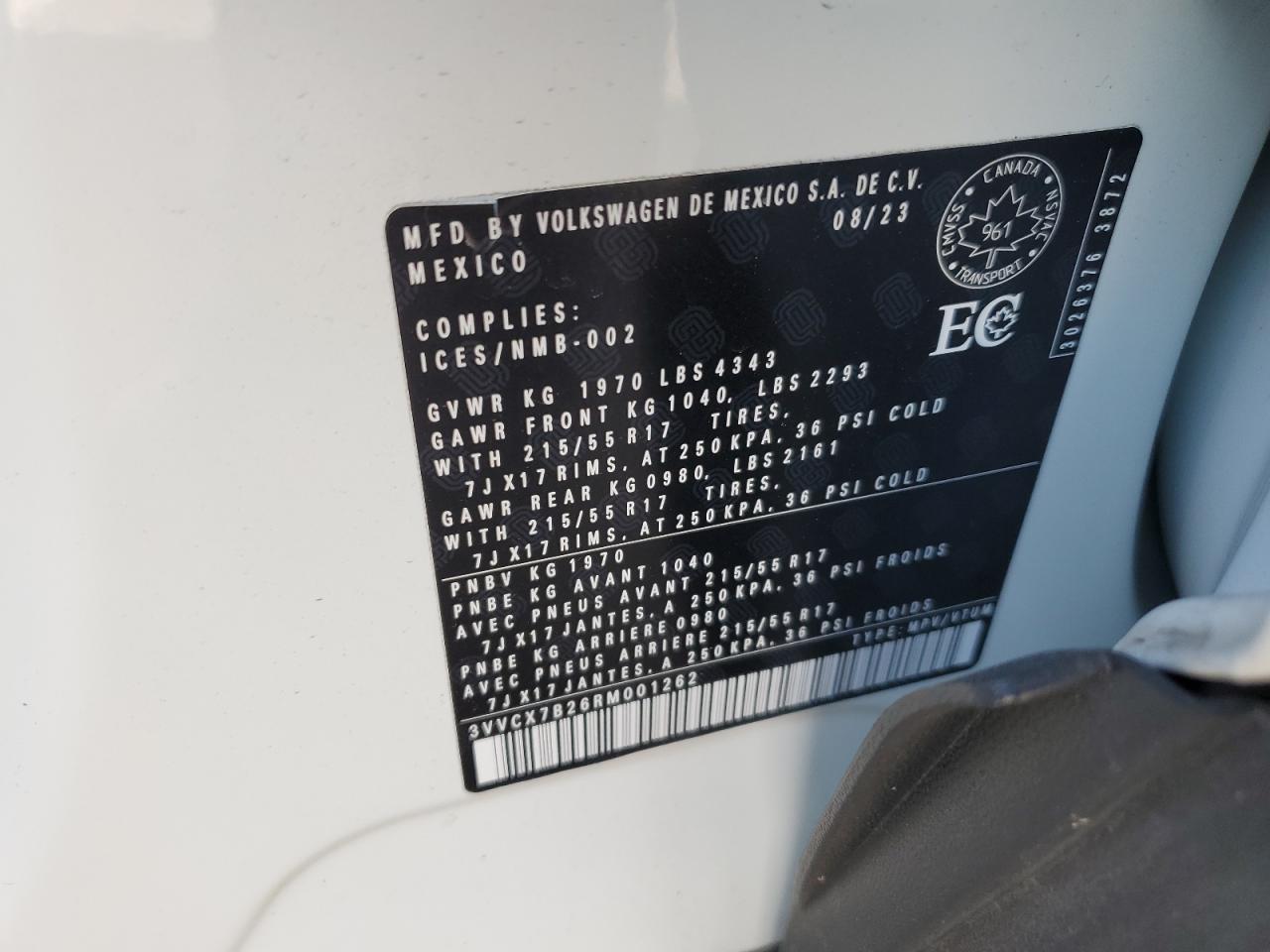 2024 Volkswagen Taos Trendline VIN: 3VVCX7B26RM001262 Lot: 90463385