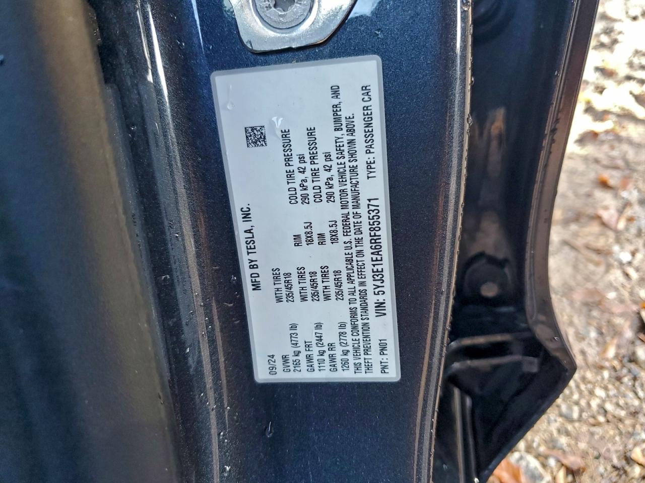 2024 Tesla Model 3 VIN: 5YJ3E1EA6RF855371 Lot: 94432455