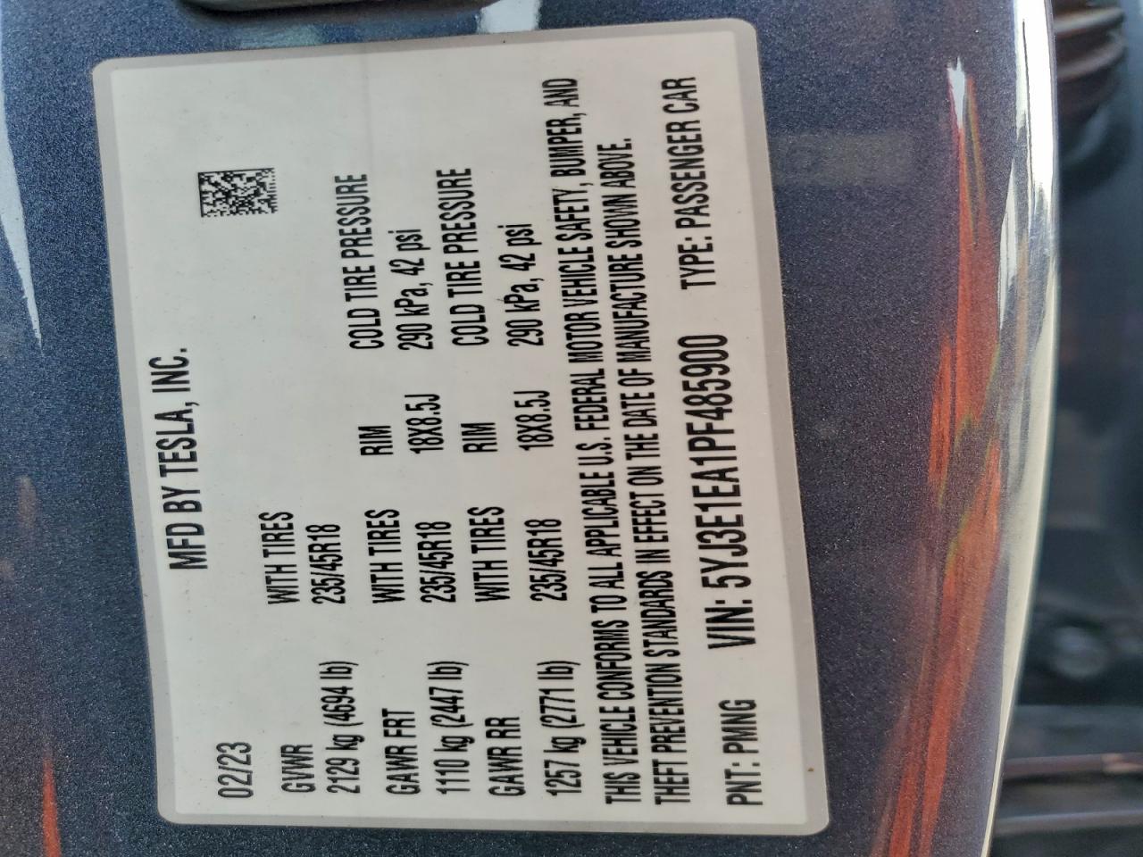 2023 Tesla Model 3 VIN: 5YJ3E1EA1PF485900 Lot: 93182735