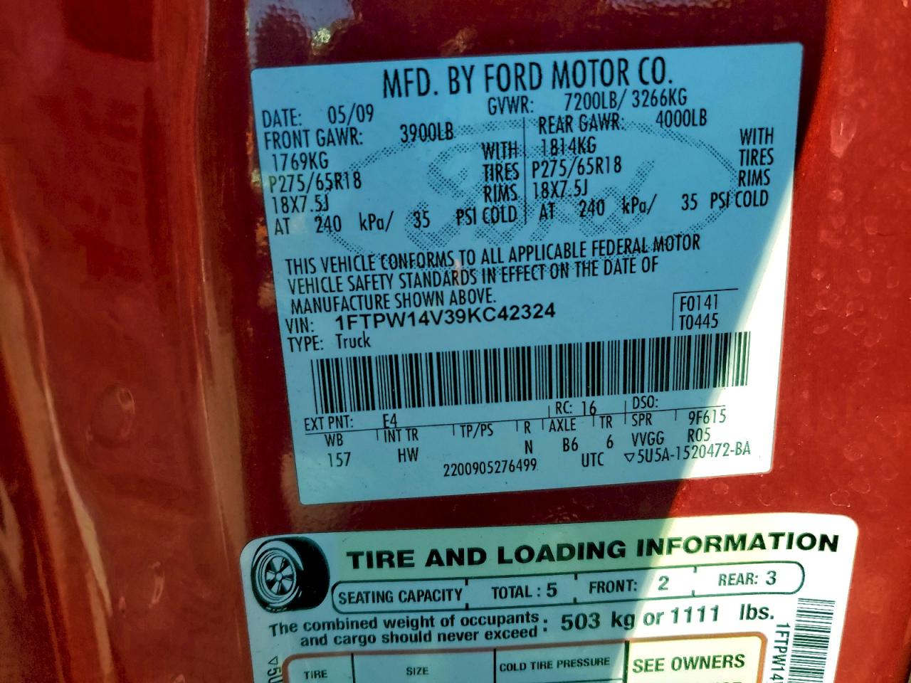 2009 Ford F150 Supercrew VIN: 1FTPW14V39KC42324 Lot: 93065985