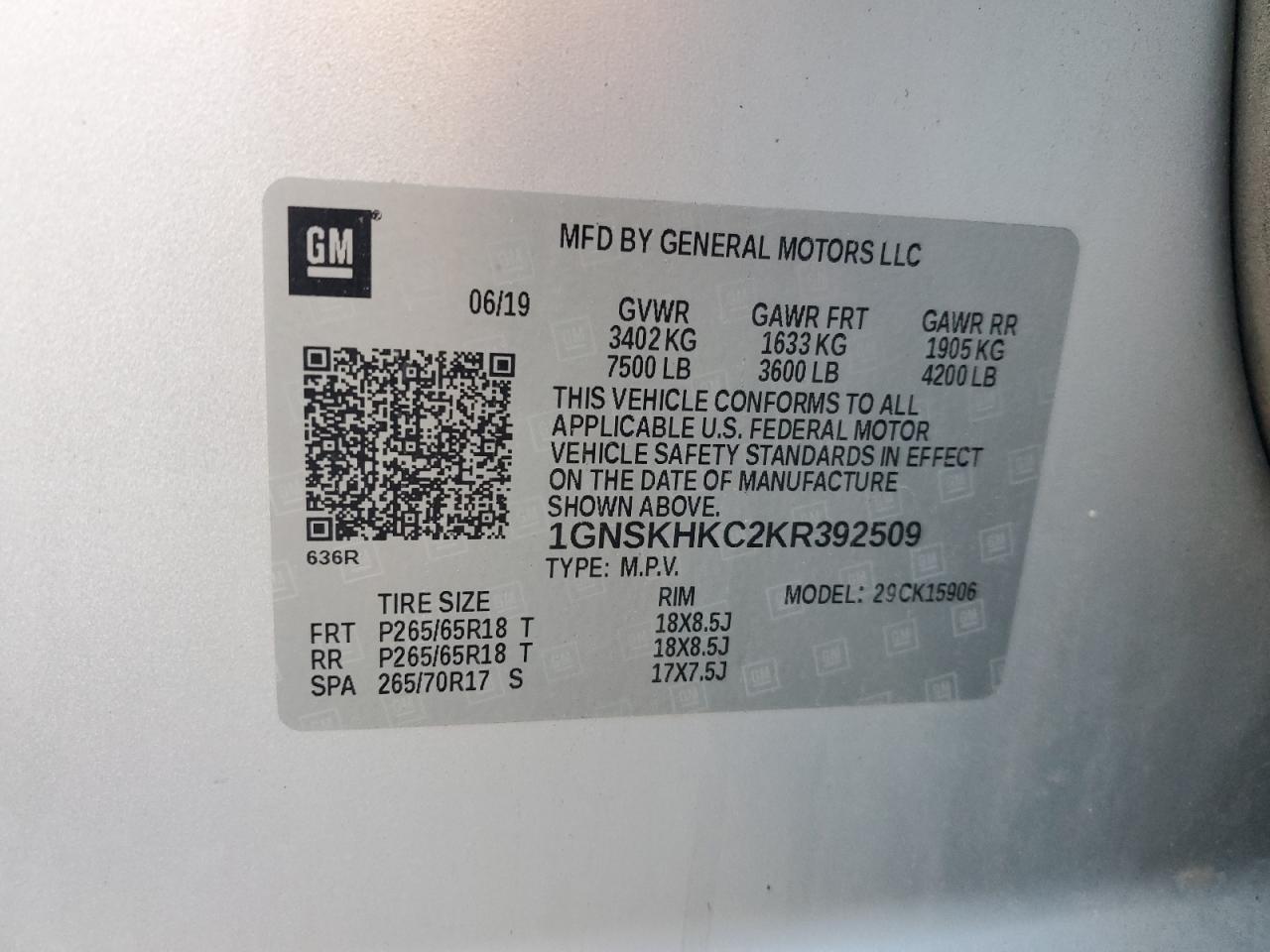 2019 Chevrolet Suburban K1500 Lt VIN: 1GNSKHKC2KR392509 Lot: 91460035