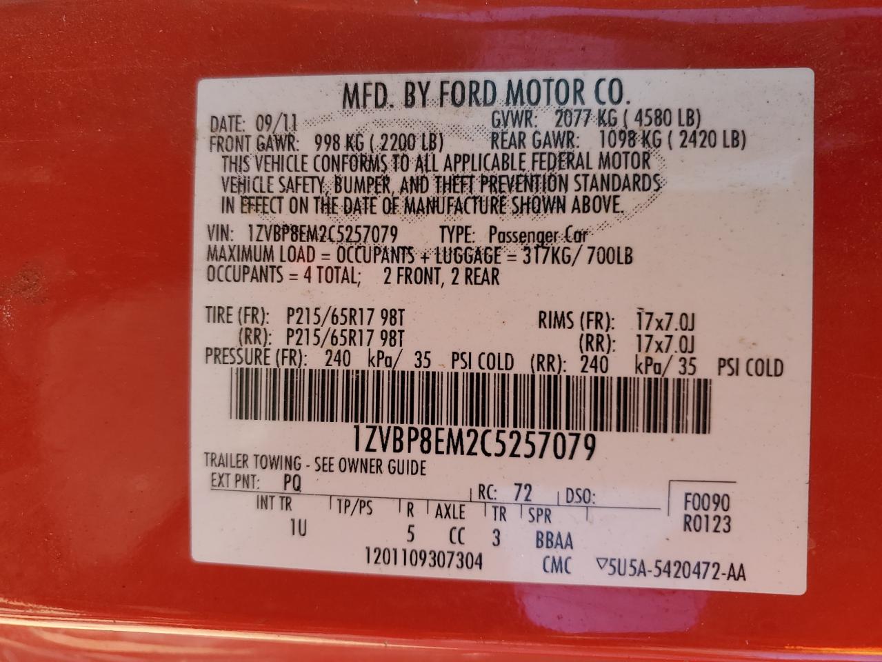 2012 Ford Mustang VIN: 1ZVBP8EM2C5257079 Lot: 93525695