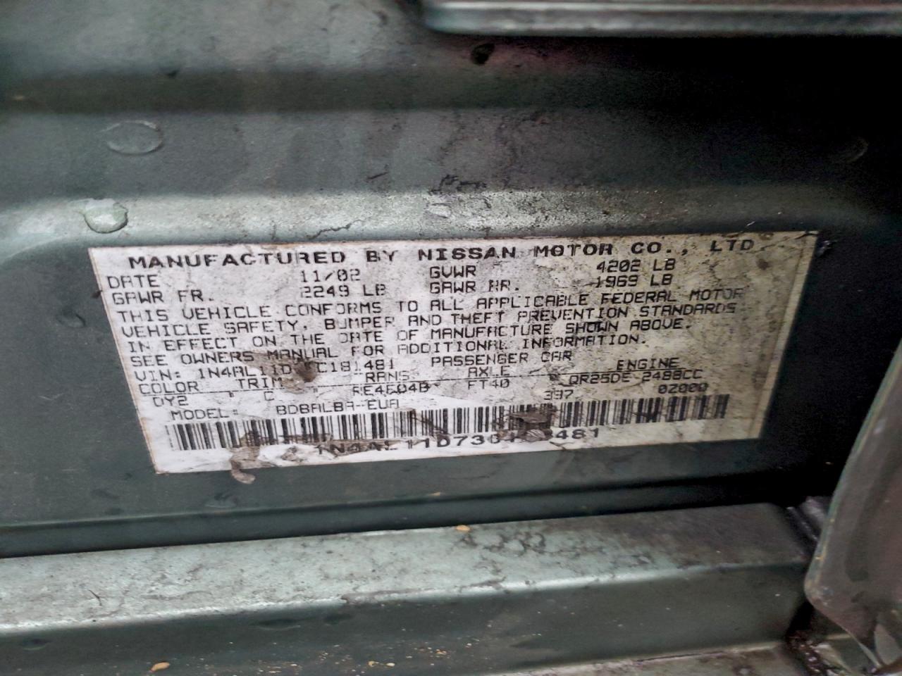 2003 Nissan Altima Base VIN: 1N4AL11D73C181481 Lot: 94421235