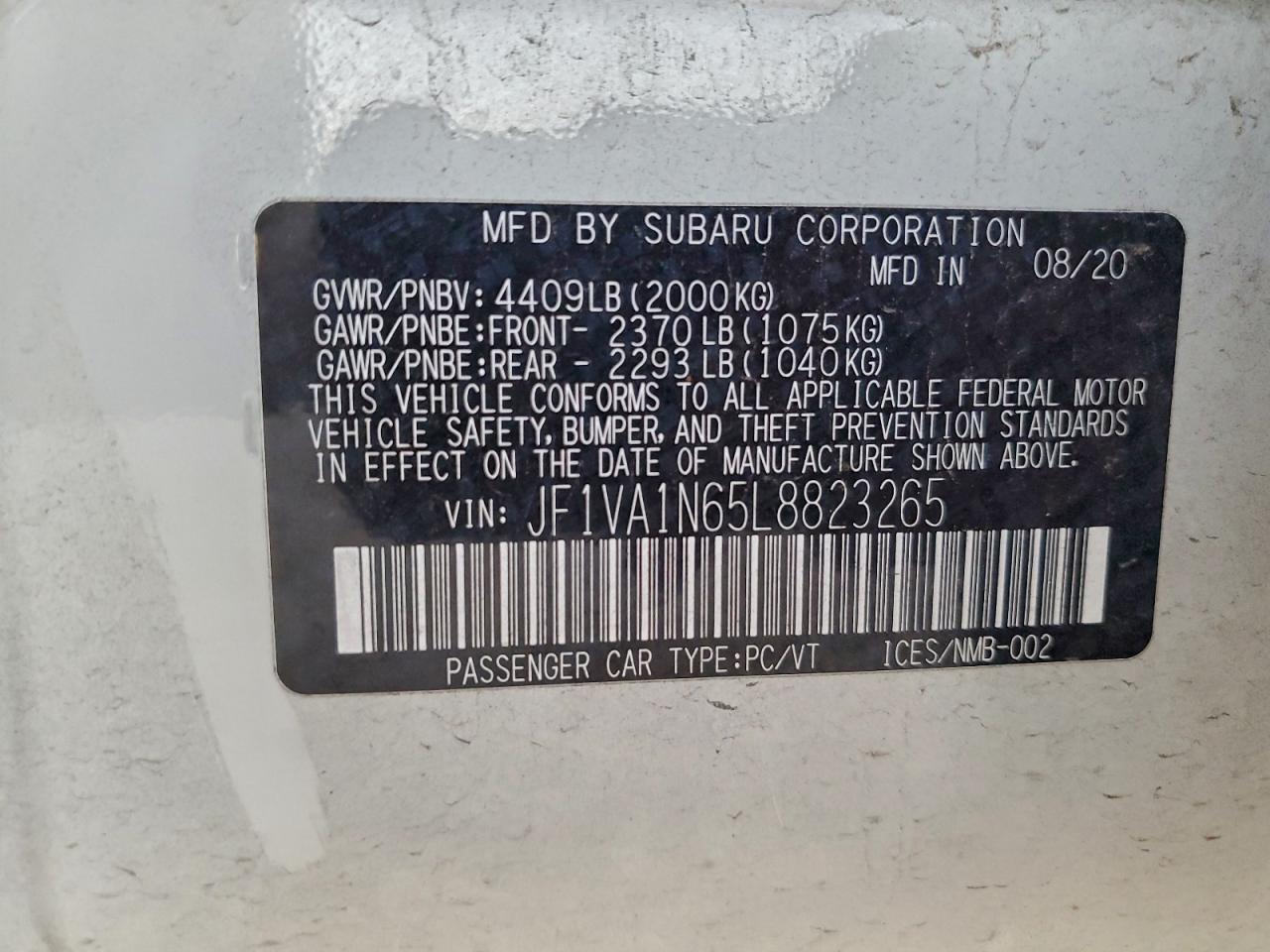 2020 Subaru Wrx Limited VIN: JF1VA1N65L8823265 Lot: 94456775