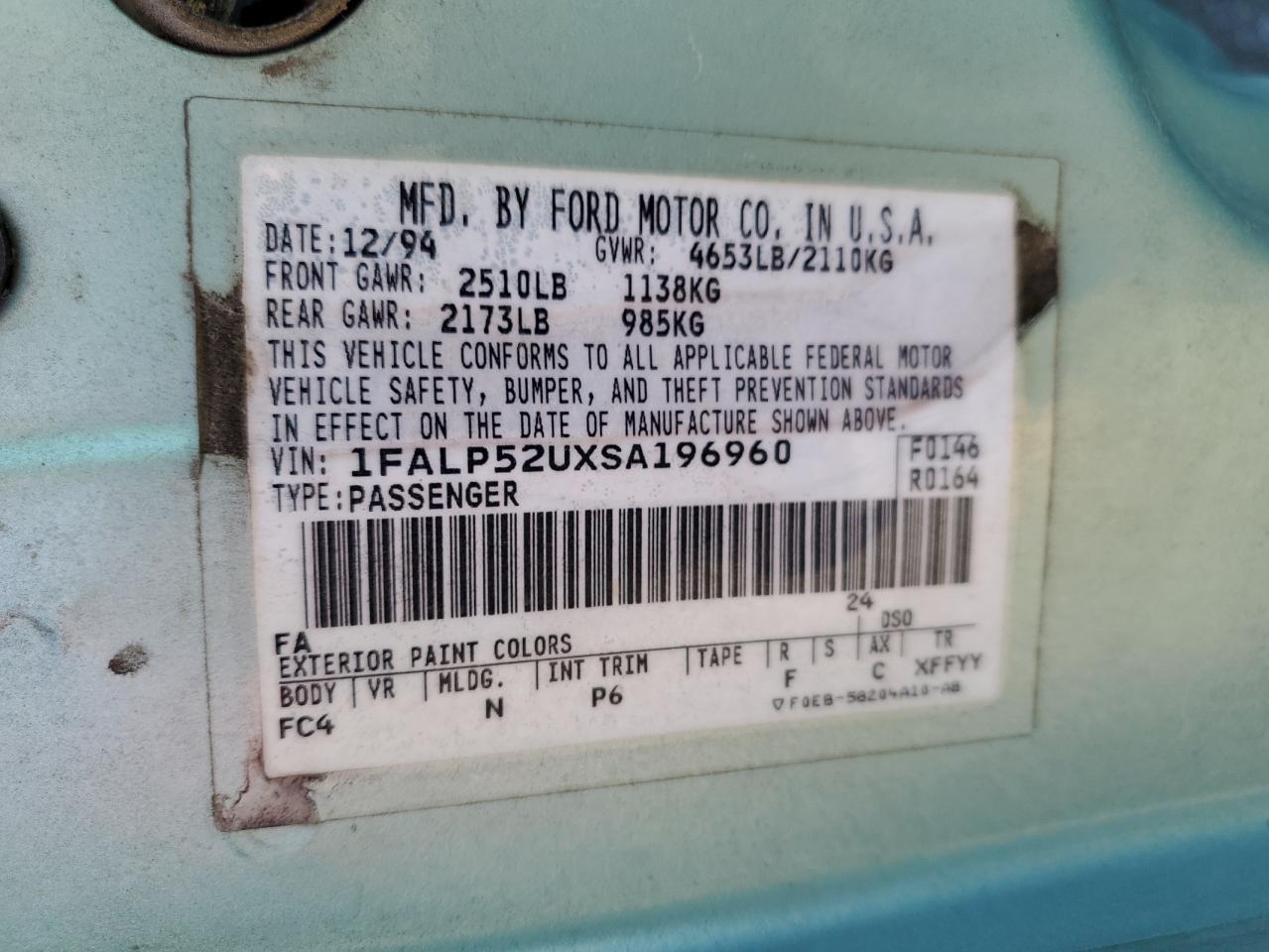 1995 Ford Taurus Gl VIN: 1FALP52UXSA196960 Lot: 92574445